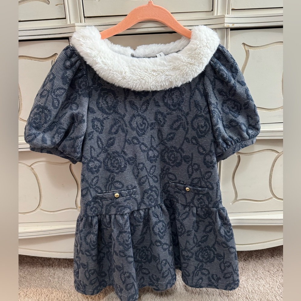 Janie and Jack Black Rock Heather Floral Faux Fur Collar Floral Jacquard Dress